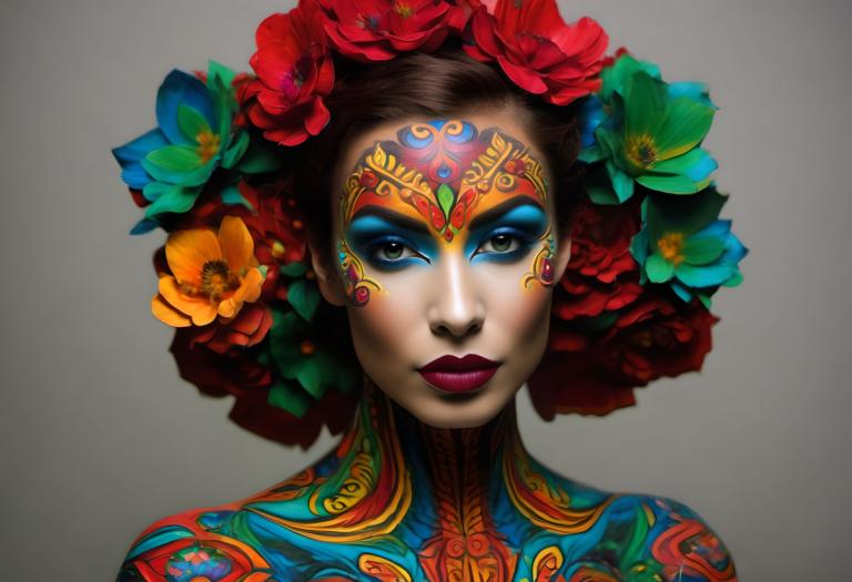 Bodypainting,Bodypainting, People, woman, 1girl, solo, flower, makeup, hair ornament, hair flower, lipstick