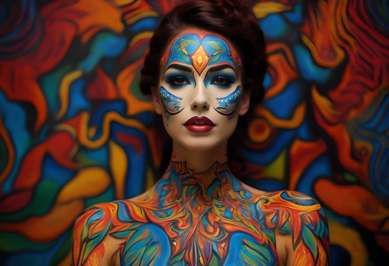 Bodypainting,Bodypainting, People, woman, 1girl, solo, facepaint, red lips, makeup, looking at viewer