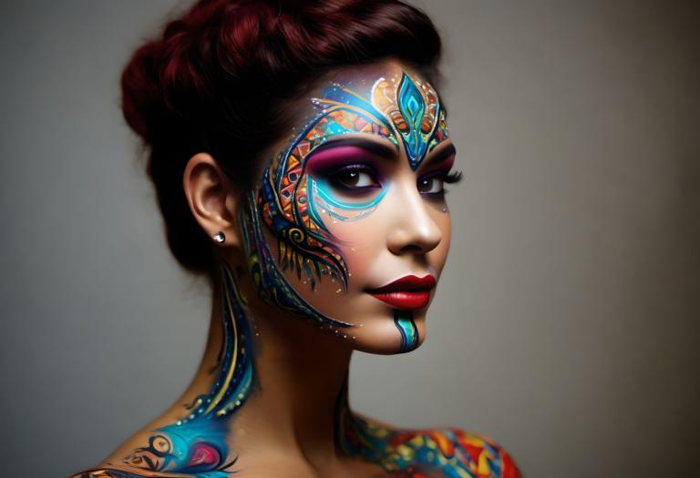 Bodypainting,Bodypainting, People, woman, 1girl, solo, earrings, jewelry, makeup, lipstick, brown hair