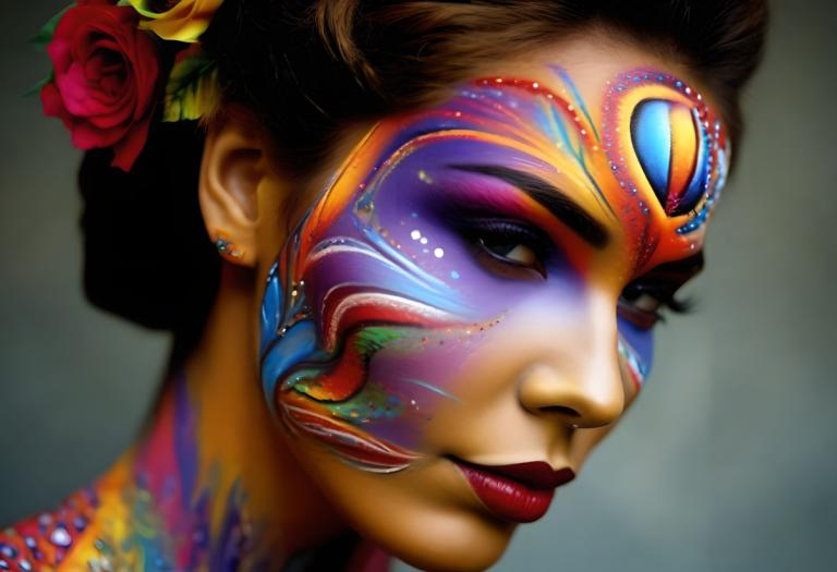 Bodypainting,Bodypainting, People, woman, 1girl, solo, flower, makeup, hair ornament, hair flower, jewelry