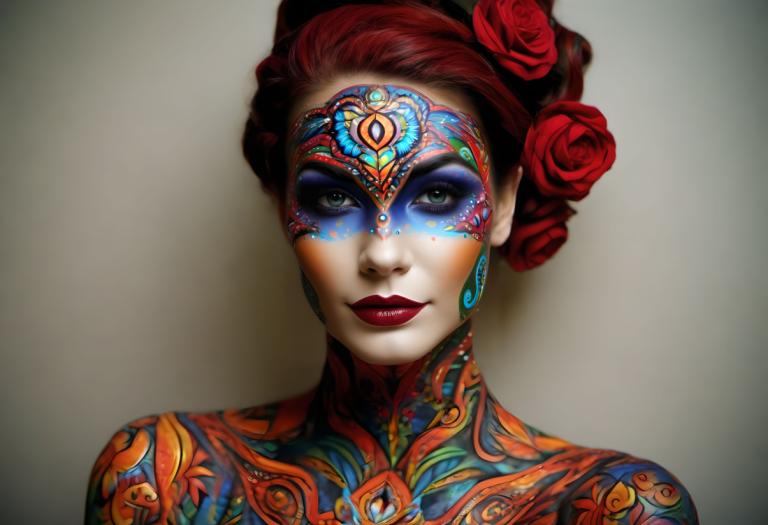 Bodypainting,Bodypainting, People, woman, 1girl, solo, makeup, flower, hair flower, lipstick, hair ornament