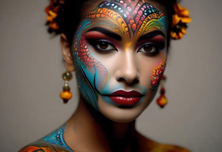 Bodypainting,Bodypainting, People, woman, 1girl, solo, earrings, jewelry, makeup, facepaint, brown eyes