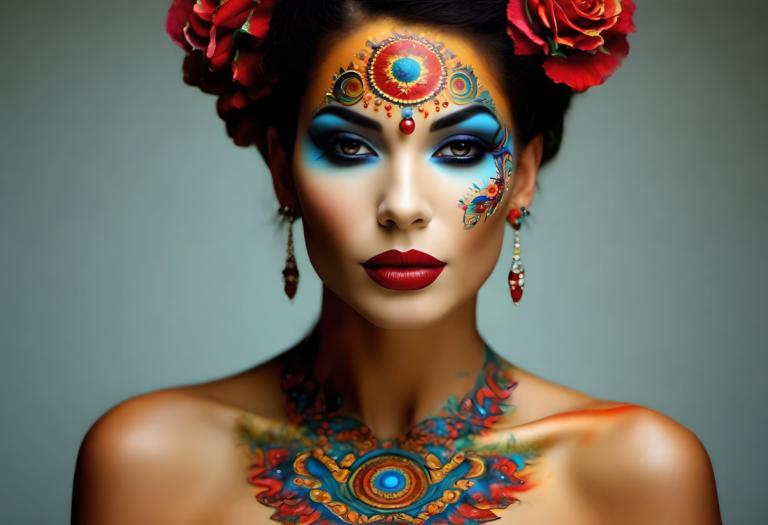 Bodypainting,Bodypainting, People, woman, 1girl, solo, jewelry, earrings, makeup, hair ornament, flower