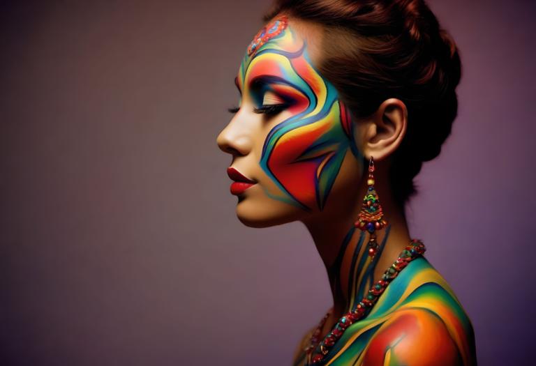 Bodypainting,Bodypainting, People, woman, 1girl, solo, jewelry, earrings, facepaint, necklace, profile