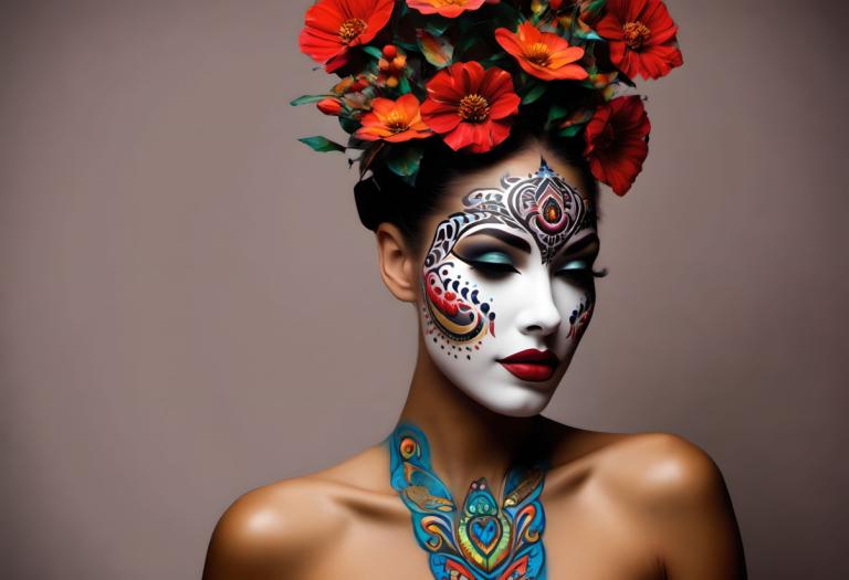 Bodypainting,Bodypainting, People, woman, 1girl, flower, solo, facepaint, makeup, red lips, hair flower