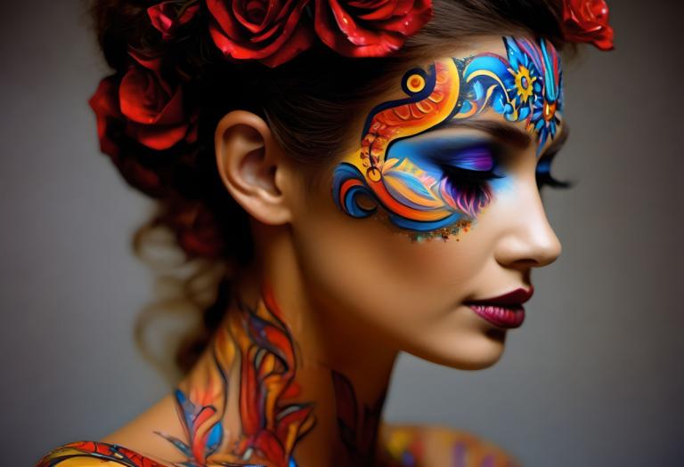 Bodypainting,Bodypainting, People, woman, 1girl, solo, hair ornament, flower, makeup, hair flower, lipstick