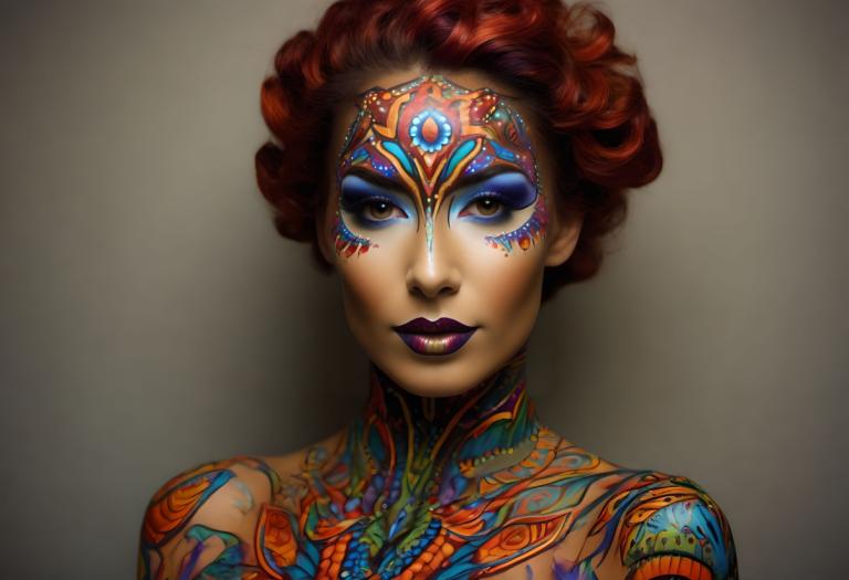 Bodypainting,Bodypainting, People, woman, 1girl, solo, makeup, lipstick, red hair, facepaint, eyeshadow