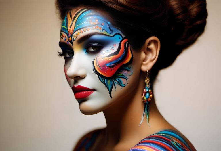 Bodypainting,Bodypainting, People, woman, 1girl, jewelry, solo, earrings, makeup, lipstick, brown hair