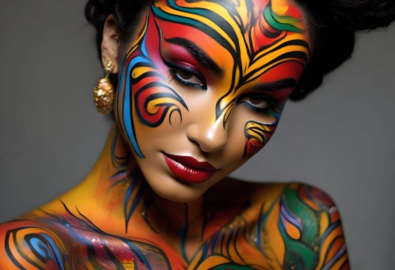 Bodypainting,Bodypainting, People, woman, 1girl, solo, jewelry, earrings, facepaint, makeup, black hair