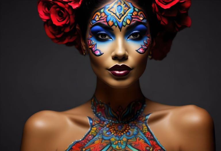 Bodypainting,Bodypainting, People, woman, 1girl, solo, makeup, flower, hair ornament, jewelry, earrings