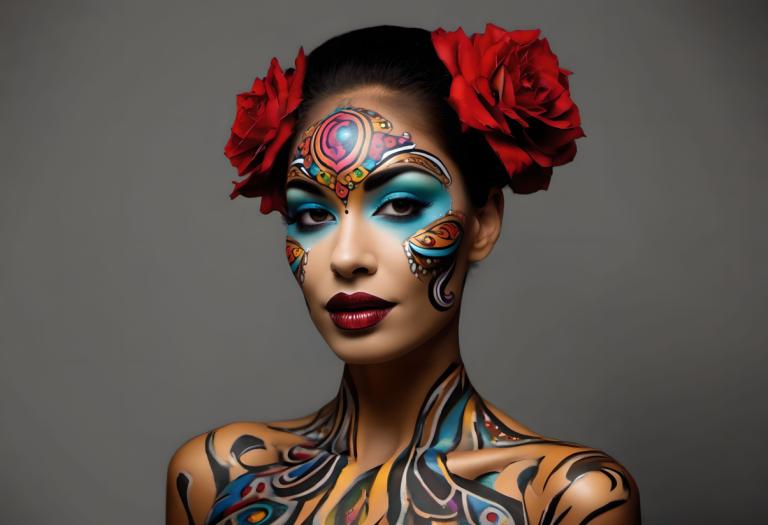 Bodypainting,Bodypainting, Mennesker, kvinde, 1 pige, solo, blomst, hårpynt, hår blomst, makeup, læbestift