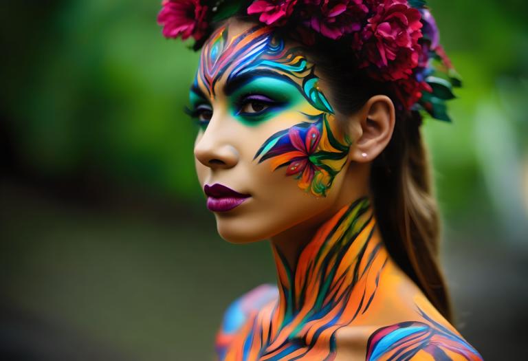 Bodypainting,Bodypainting, Mennesker, kvinde, 1 pige, solo, smykker, øreringe, blomst, hårpynt, makeup