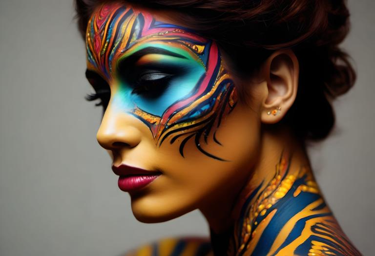 Bodypainting,Bodypainting, People, woman, 1girl, solo, earrings, jewelry, facepaint, lips, makeup, portrait