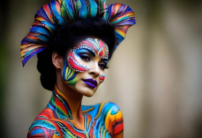 Bodypainting,Bodypainting, People, woman, 1girl, solo, facepaint, makeup, lipstick, black hair, purple lips