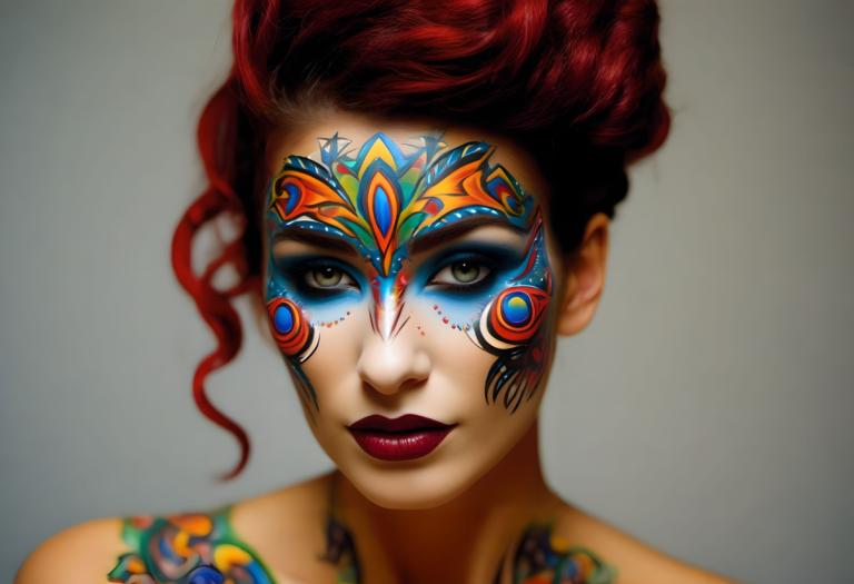 Bodypainting,Bodypainting, People, woman, solo, 1girl, red hair, facepaint, makeup, lipstick, portrait