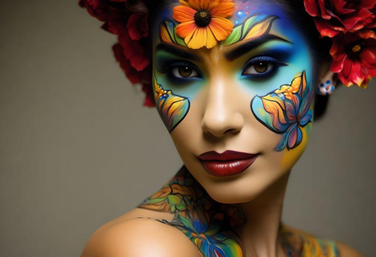 Bodypainting,Bodypainting, People, woman, 1girl, solo, flower, hair flower, hair ornament, makeup, facepaint