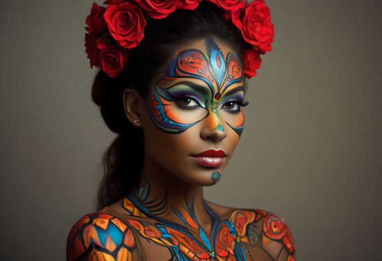 Bodypainting,Bodypainting, Mennesker, kvinde, 1 pige, solo, blomst, hårpynt, makeup, øreringe, smykker