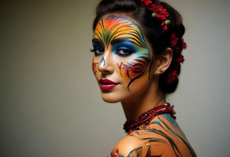 Bodypainting,Bodypainting, People, woman, 1girl, solo, jewelry, earrings, makeup, hair ornament, facepaint