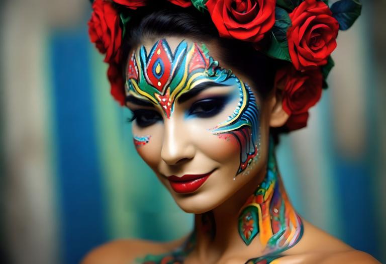 Bodypainting,Bodypainting, People, woman, 1girl, solo, flower, makeup, hair ornament, lipstick, hair flower