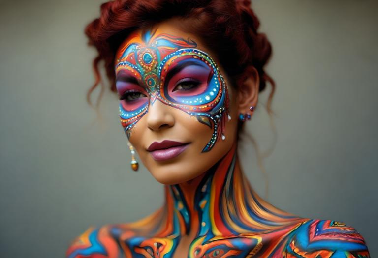 Bodypainting,Bodypainting, People, woman, 1girl, solo, jewelry, earrings, makeup, facepaint, lipstick