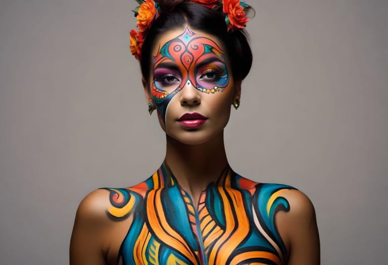 Bodypainting,Bodypainting, People, woman, 1girl, solo, earrings, hair ornament, jewelry, makeup, hair flower