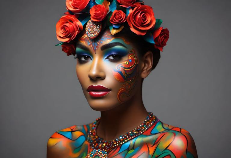 Bodypainting,Bodypainting, People, woman, 1girl, solo, makeup, flower, necklace, jewelry, lipstick, dark skin