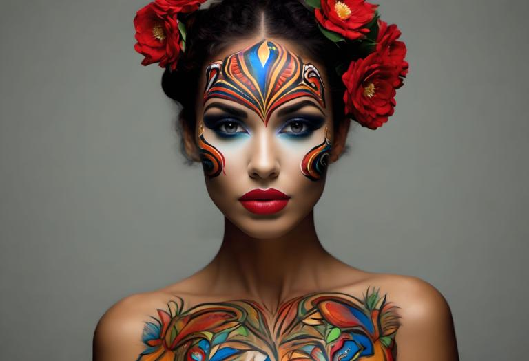 Bodypainting,Bodypainting, People, woman, 1girl, solo, flower, hair ornament, hair flower, makeup, tattoo