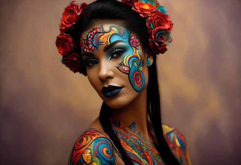 Bodypainting,Bodypainting, People, woman, 1girl, solo, hair ornament, flower, hair flower, lipstick, makeup