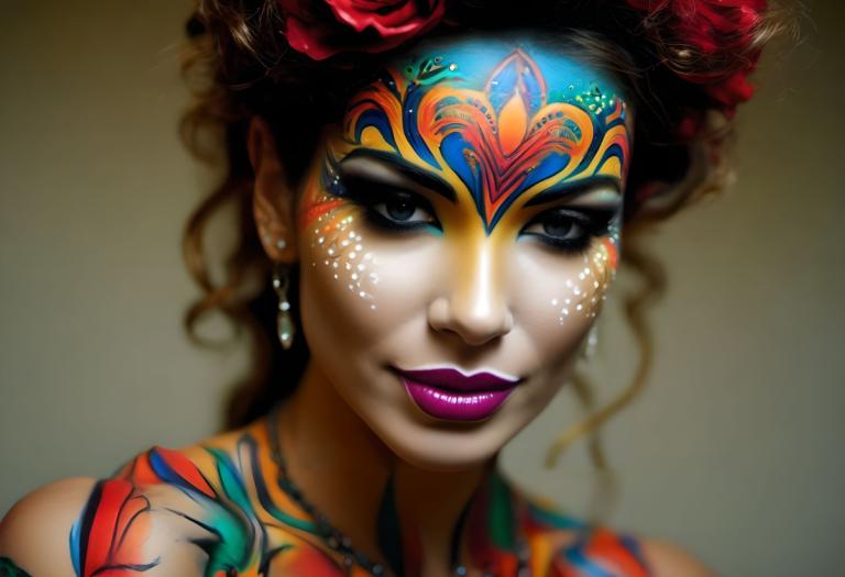 Bodypainting,Bodypainting, People, woman, 1girl, solo, jewelry, makeup, earrings, lipstick, hair ornament