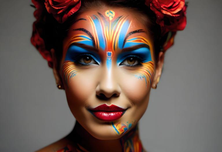 Bodypainting,Bodypainting, People, woman, 1girl, solo, makeup, hair ornament, hair flower, flower, facepaint