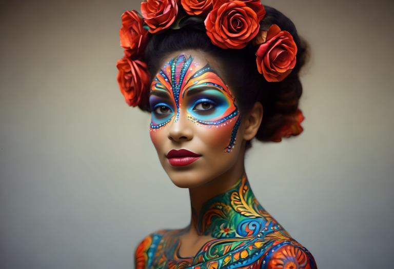 Bodypainting,Bodypainting, People, woman, 1girl, solo, flower, hair ornament, makeup, hair flower, lipstick