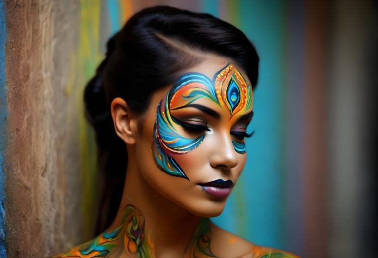 Bodypainting,Bodypainting, People, woman, 1girl, solo, black hair, makeup, facepaint, portrait, lipstick