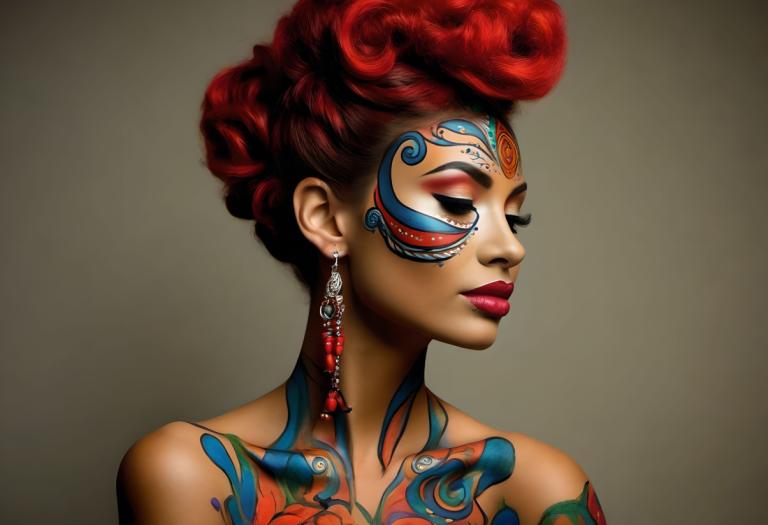 Bodypainting,Bodypainting, People, woman, 1girl, solo, jewelry, earrings, red hair, facepaint, makeup