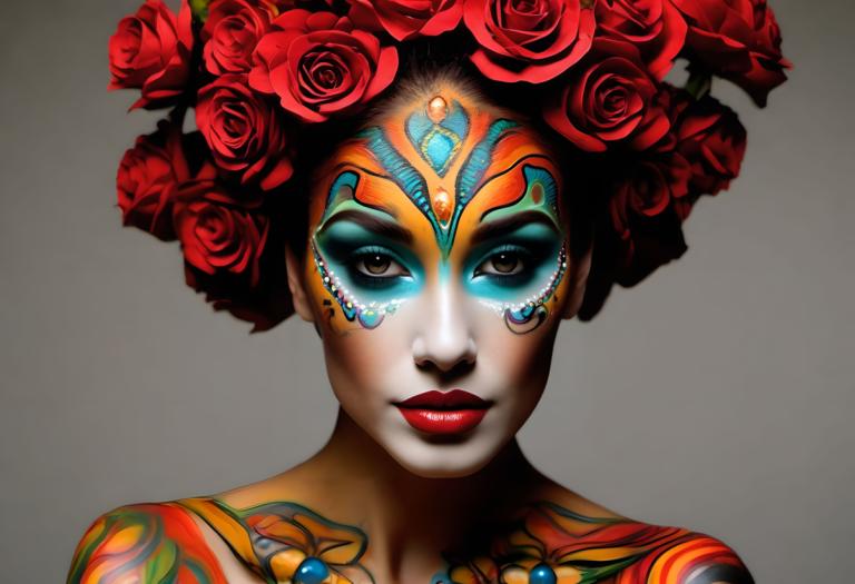 Bodypainting,Bodypainting, People, woman, 1girl, solo, flower, makeup, lipstick, rose, red lips, hair flower