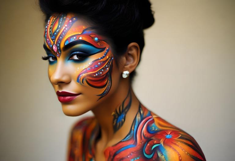 Bodypainting,Bodypainting, People, woman, 1girl, solo, jewelry, earrings, makeup, black hair, lipstick