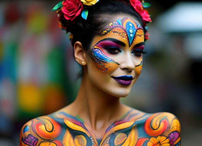 Bodypainting,Bodypainting, People, woman, 1girl, makeup, solo, jewelry, earrings, lipstick, hair ornament