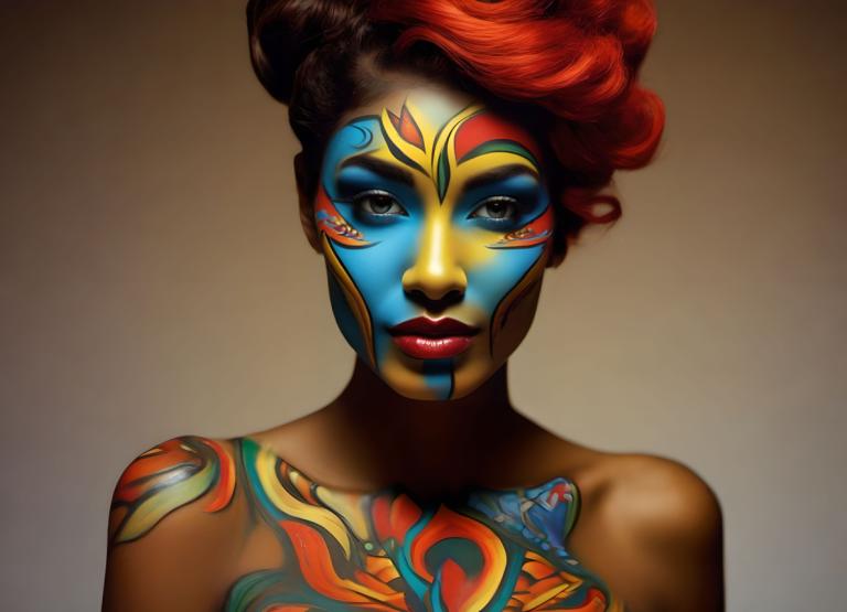 Bodypainting,Bodypainting, People, woman, 1girl, solo, facepaint, makeup, red hair, tattoo, lipstick