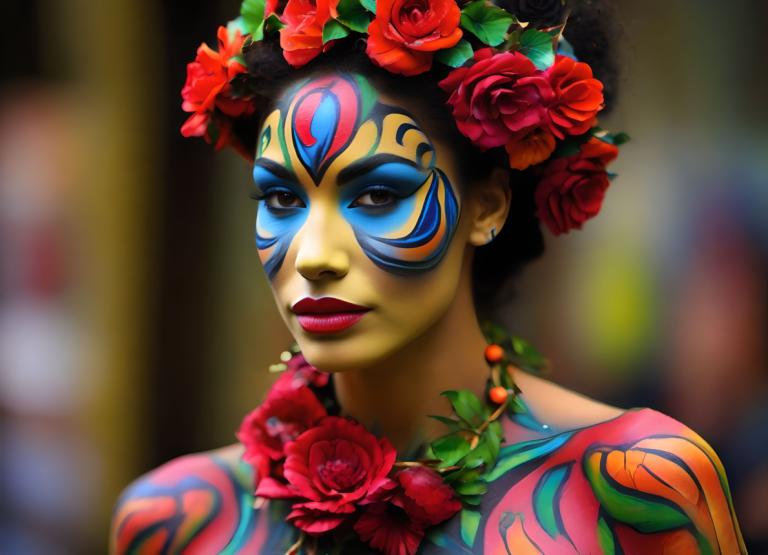 Bodypainting,Bodypainting, People, woman, 1girl, solo, flower, facepaint, makeup, jewelry, lipstick, earrings