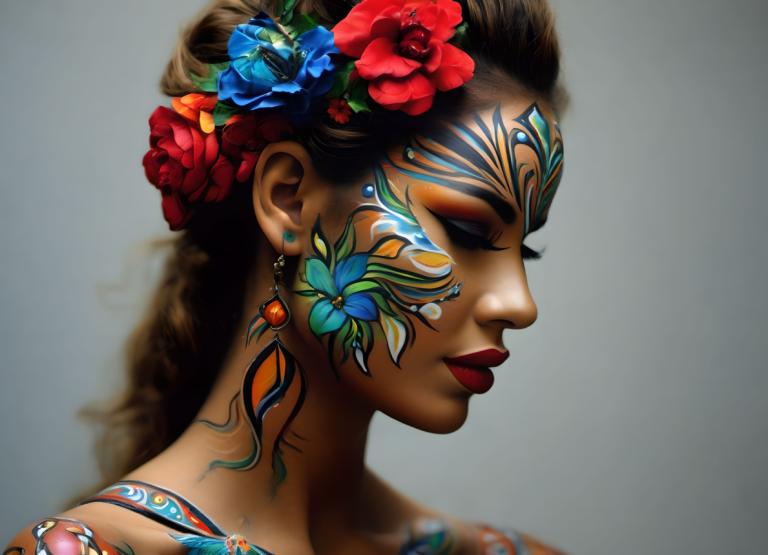 Bodypainting,Bodypainting, People, woman, 1girl, solo, flower, hair ornament, earrings, hair flower, jewelry