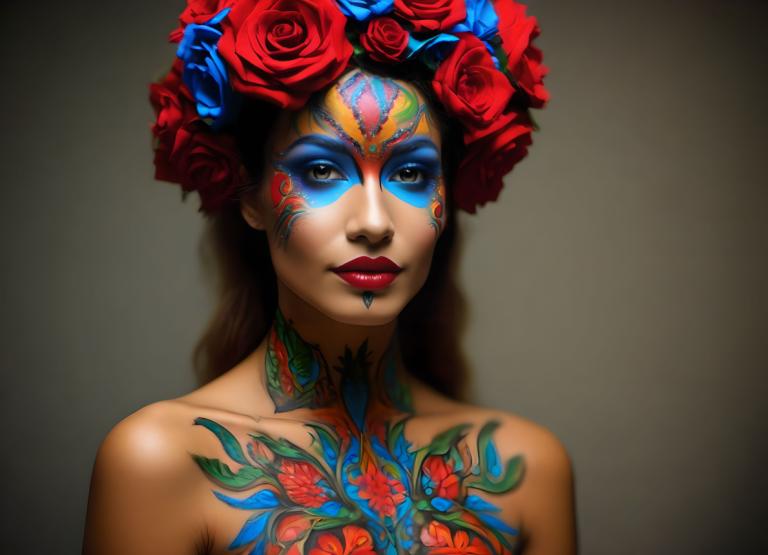 Bodypainting,Bodypainting, People, woman, 1girl, solo, flower, makeup, lipstick, rose, hair flower