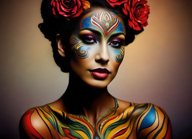 Bodypainting,Bodypainting, People, woman, 1girl, solo, flower, hair ornament, hair flower, makeup, lipstick