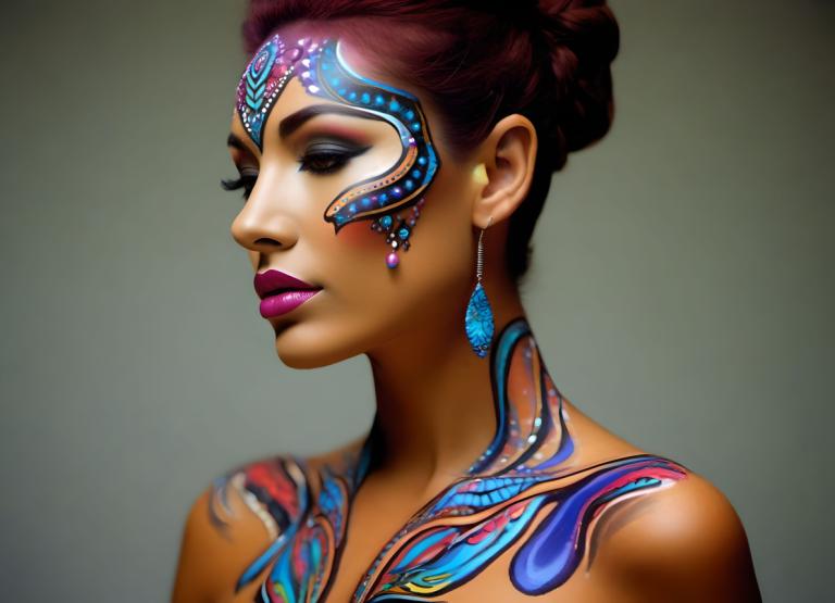 Bodypainting,Bodypainting, People, woman, 1girl, solo, jewelry, earrings, makeup, lipstick, lips, dark skin