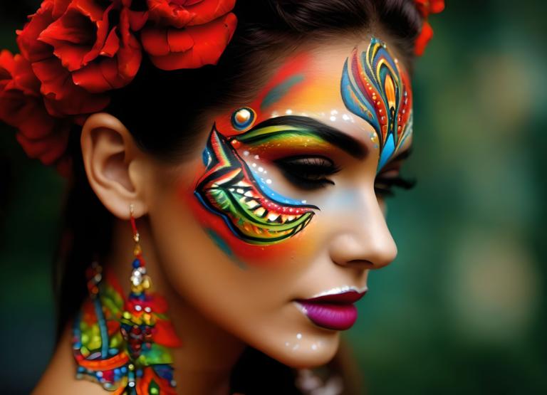 Bodypainting,Bodypainting, People, woman, 1girl, solo, jewelry, earrings, facepaint, hair ornament, flower