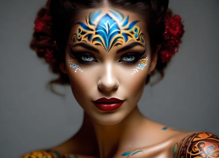 Bodypainting,Bodypainting, People, woman, 1girl, solo, hair ornament, makeup, lipstick, hair flower