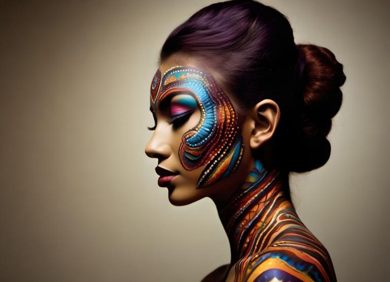 Bodypainting,Bodypainting, Lidé, žena, 1 dívka, sólo, profil, makeup, ze strany, rtěnka, drdol, zavřená ústa