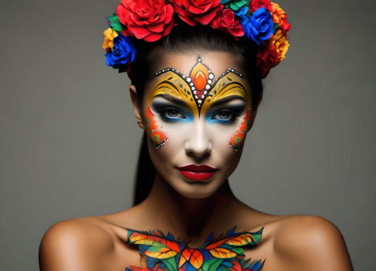 Bodypainting,Bodypainting, People, woman, 1girl, solo, flower, makeup, facepaint, hair ornament, lipstick