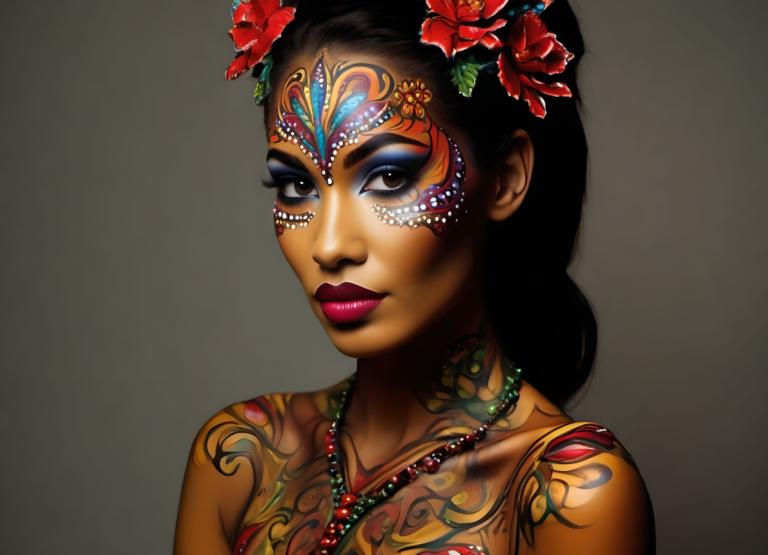 Bodypainting,Bodypainting, Mennesker, kvinde, 1 pige, solo, hårpynt, blomst, hår blomst, mørk hud, makeup