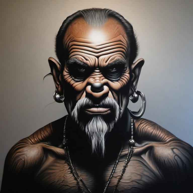 Airbrush Art,Airbrush Art, People, man, 1boy, solo, male focus, jewelry, facial hair, beard, earrings, bald