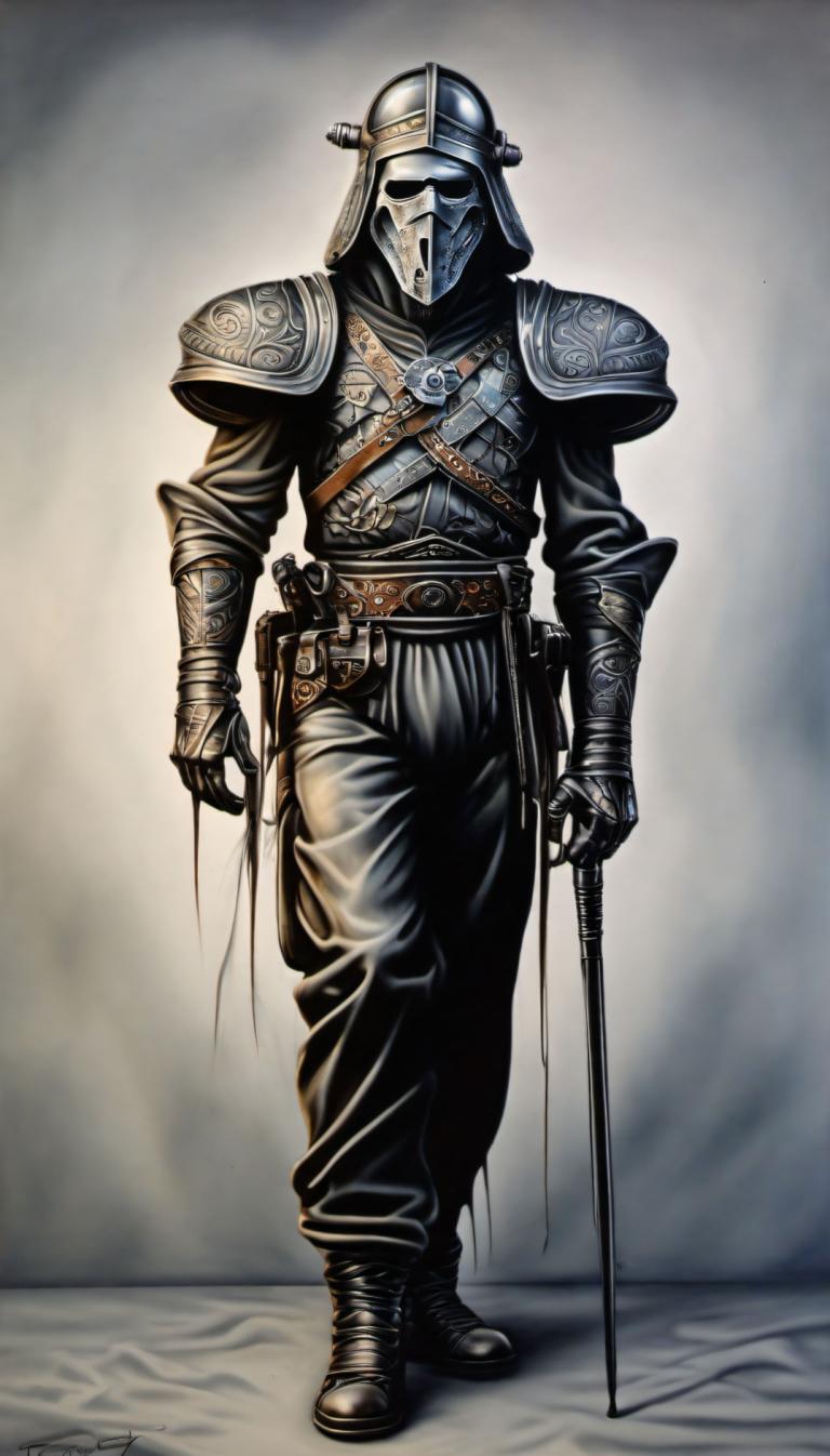 Airbrush Art,Airbrush Art, People, man, solo, armor, weapon, shoulder armor, 1boy, boots, signature, belt