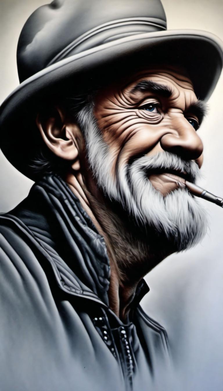 Airbrush Art,Airbrush Art, People, man, 1boy, solo, male focus, facial hair, hat, beard, cigar, smoking